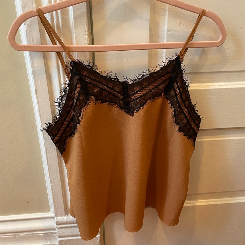Mustard cami with black lace trim